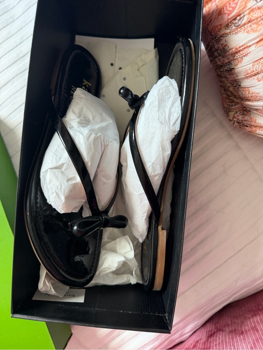 kate spade Black Patent Bow Thong Sandals